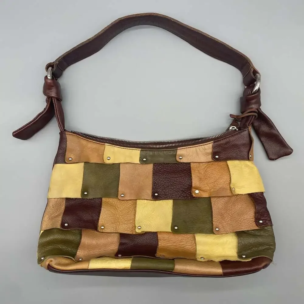 Gorgeous B. Makowski Earth Tone Multi Colored Leather Patchwork Boho Hobo Purse